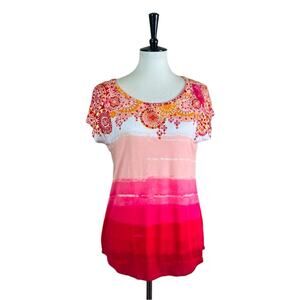 Westport Dressbarn Tee Shirt Short Sleeves Pink Multi Metallic Size Medium